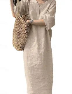 Online Women's Maxi Dress Cotton Linen Dresses Casual Dress Basic Casual Vacation Daily Date Regular Fit Plain Short Sleeve V Neck Khaki Army Green Dark Blue Gray Summer Women Dresses
