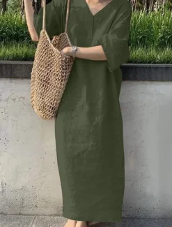 Online Women's Maxi Dress Cotton Linen Dresses Casual Dress Basic Casual Vacation Daily Date Regular Fit Plain Short Sleeve V Neck Khaki Army Green Dark Blue Gray Summer Women Dresses