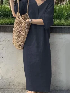 Online Women's Maxi Dress Cotton Linen Dresses Casual Dress Basic Casual Vacation Daily Date Regular Fit Plain Short Sleeve V Neck Khaki Army Green Dark Blue Gray Summer Women Dresses