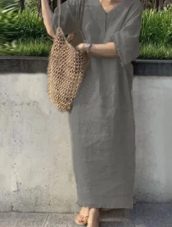 Online Women's Maxi Dress Cotton Linen Dresses Casual Dress Basic Casual Vacation Daily Date Regular Fit Plain Short Sleeve V Neck Khaki Army Green Dark Blue Gray Summer Women Dresses