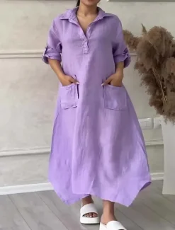 Online Women's Maxi Dress Cotton Linen Dresses Casual Dress Elegant Stylish Basic Vacation Daily Loose Fit Plain Long Sleeve Shirt Collar Black White Yellow Purple Spring Fall Women Dresses
