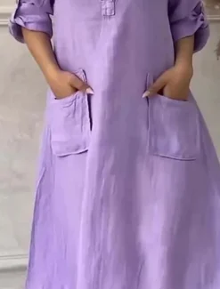 Online Women's Maxi Dress Cotton Linen Dresses Casual Dress Elegant Stylish Basic Vacation Daily Loose Fit Plain Long Sleeve Shirt Collar Black White Yellow Purple Spring Fall Women Dresses