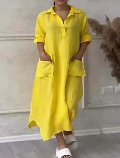 Online Women's Maxi Dress Cotton Linen Dresses Casual Dress Elegant Stylish Basic Vacation Daily Loose Fit Plain Long Sleeve Shirt Collar Black White Yellow Purple Spring Fall Women Dresses