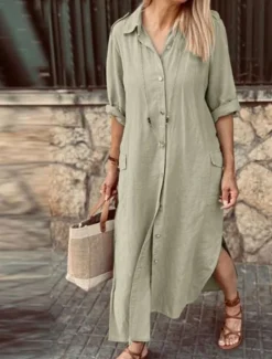 Women's Maxi Dress Cotton Linen Dresses Casual Dress Elegant Stylish Basic Vacation Daily Date Loose Fit Plain Long Sleeve Shirt Collar Black White Khaki Army Green Spring Fall Women Dresses