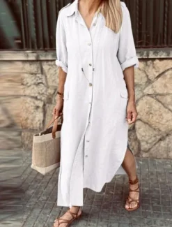 Women's Maxi Dress Cotton Linen Dresses Casual Dress Elegant Stylish Basic Vacation Daily Date Loose Fit Plain Long Sleeve Shirt Collar Black White Khaki Army Green Spring Fall Women Dresses