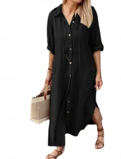 Women's Maxi Dress Cotton Linen Dresses Casual Dress Elegant Stylish Basic Vacation Daily Date Loose Fit Plain Long Sleeve Shirt Collar Black White Khaki Army Green Spring Fall Women Dresses
