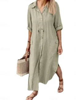 Women's Maxi Dress Cotton Linen Dresses Casual Dress Elegant Stylish Basic Vacation Daily Date Loose Fit Plain Long Sleeve Shirt Collar Black White Khaki Army Green Spring Fall Women Dresses