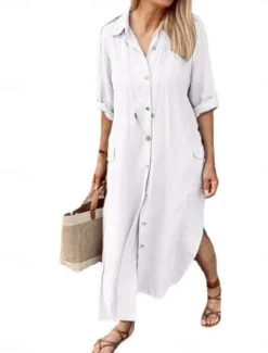 Women's Maxi Dress Cotton Linen Dresses Casual Dress Elegant Stylish Basic Vacation Daily Date Loose Fit Plain Long Sleeve Shirt Collar Black White Khaki Army Green Spring Fall Women Dresses