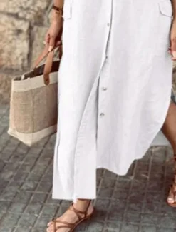 Women's Maxi Dress Cotton Linen Dresses Casual Dress Elegant Stylish Basic Vacation Daily Date Loose Fit Plain Long Sleeve Shirt Collar Black White Khaki Army Green Spring Fall Women Dresses