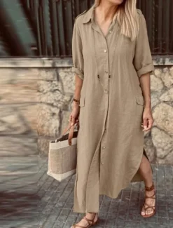 Women's Maxi Dress Cotton Linen Dresses Casual Dress Elegant Stylish Basic Vacation Daily Date Loose Fit Plain Long Sleeve Shirt Collar Black White Khaki Army Green Spring Fall Women Dresses