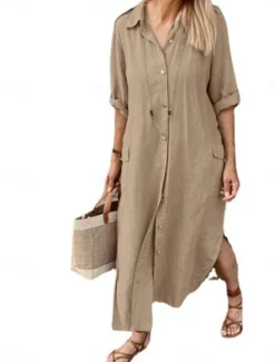 Women's Maxi Dress Cotton Linen Dresses Casual Dress Elegant Stylish Basic Vacation Daily Date Loose Fit Plain Long Sleeve Shirt Collar Black White Khaki Army Green Spring Fall Women Dresses