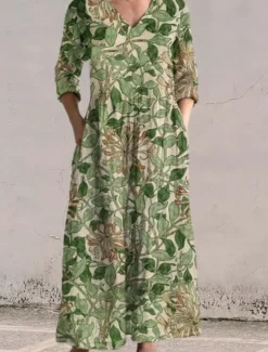 Hot Women's Maxi Dress Cotton Linen Dresses Cotton Linen Dress Casual Daily Regular Fit Floral 3/4 Length Sleeve V Neck Yellow Green Gray Spring Fall Women Spring Dresses|Dresses