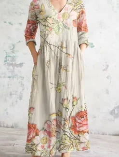 Hot Women's Maxi Dress Cotton Linen Dresses Cotton Linen Dress Casual Daily Regular Fit Floral 3/4 Length Sleeve V Neck Yellow Green Gray Spring Fall Women Spring Dresses|Dresses