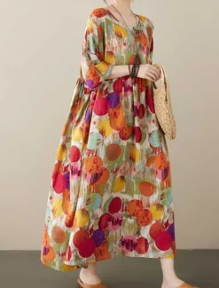 Women's Maxi Dress Cotton Linen Dresses Casual Dress Boho Chic Dresses Basic Casual Vacation Daily Regular Fit Graphic Short Sleeve Crew Neck Red Blue Summer Women Dresses