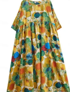 Women's Maxi Dress Cotton Linen Dresses Casual Dress Boho Chic Dresses Basic Casual Vacation Daily Regular Fit Graphic Short Sleeve Crew Neck Red Blue Summer Women Dresses