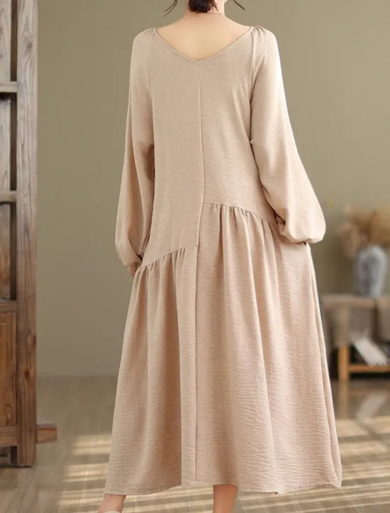 Best Women's Maxi Dress Cotton Linen Dresses Casual Dress Basic Casual Vacation Daily Regular Fit Plain Long Sleeve V Neck Black Apricot Summer Women Dresses