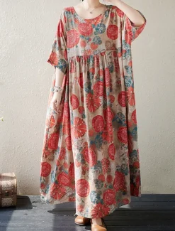 Discount Women's Maxi Dress Cotton Linen Dresses Casual Dress Basic Casual Vacation Daily Regular Fit Graphic Half Sleeve Crew Neck Red Green Summer Women Dresses