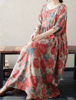 Discount Women's Maxi Dress Cotton Linen Dresses Casual Dress Basic Casual Vacation Daily Regular Fit Graphic Half Sleeve Crew Neck Red Green Summer Women Dresses