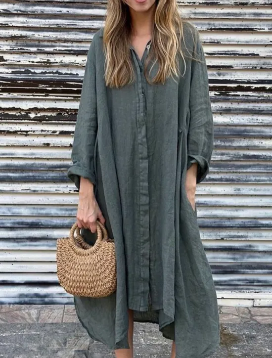 Online Women's Maxi Dress Cotton Linen Dresses Shirt Dress Casual Dress Cotton Maxi Dress Basic Casual Vacation Daily Regular Fit Plain Long Sleeve Shirt Collar Dark Green Apricot Gray Summer Women Dresses