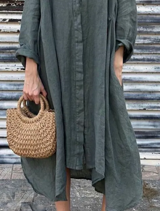 Online Women's Maxi Dress Cotton Linen Dresses Shirt Dress Casual Dress Cotton Maxi Dress Basic Casual Vacation Daily Regular Fit Plain Long Sleeve Shirt Collar Dark Green Apricot Gray Summer Women Dresses