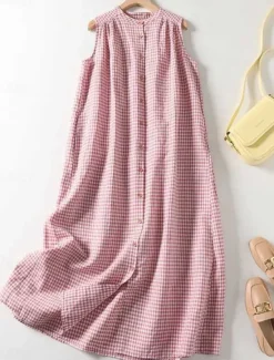 Discount Women's Maxi Dress Cotton Linen Dresses Casual Dress Tank Dress Cotton Maxi Dress Basic Casual Vacation Daily Regular Fit Plaid Sleeveless V Neck Summer Women Dresses