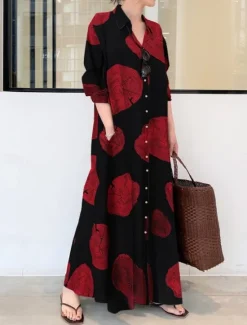 Best Women's Maxi Dress Cotton Linen Dresses Shirt Dress Casual Dress Casual Vacation Daily Regular Fit Graphic Long Sleeve Shirt Collar White Yellow Red Summer Women Dresses