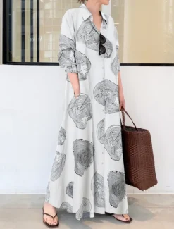 Best Women's Maxi Dress Cotton Linen Dresses Shirt Dress Casual Dress Casual Vacation Daily Regular Fit Graphic Long Sleeve Shirt Collar White Yellow Red Summer Women Dresses