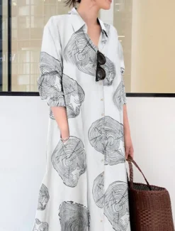 Best Women's Maxi Dress Cotton Linen Dresses Shirt Dress Casual Dress Casual Vacation Daily Regular Fit Graphic Long Sleeve Shirt Collar White Yellow Red Summer Women Dresses