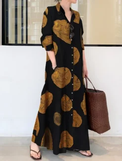Best Women's Maxi Dress Cotton Linen Dresses Shirt Dress Casual Dress Casual Vacation Daily Regular Fit Graphic Long Sleeve Shirt Collar White Yellow Red Summer Women Dresses