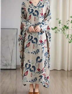 Clearance Women's Maxi Dress Cotton Linen Dresses Casual Dress Basic Casual Vacation Daily Regular Fit Floral Long Sleeve V Neck Summer Women Spring Dresses