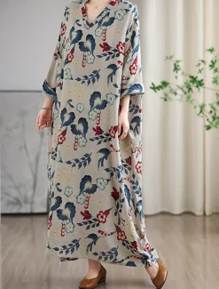 Clearance Women's Maxi Dress Cotton Linen Dresses Casual Dress Basic Casual Vacation Daily Regular Fit Floral Long Sleeve V Neck Summer Women Spring Dresses