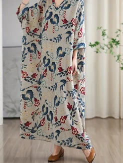 Clearance Women's Maxi Dress Cotton Linen Dresses Casual Dress Basic Casual Vacation Daily Regular Fit Floral Long Sleeve V Neck Summer Women Spring Dresses