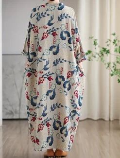Clearance Women's Maxi Dress Cotton Linen Dresses Casual Dress Basic Casual Vacation Daily Regular Fit Floral Long Sleeve V Neck Summer Women Spring Dresses