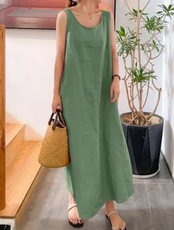 Hot Women's Maxi Dress Cotton Linen Dresses Basic Casual Vacation Daily Regular Fit Plain Sleeveless Crew Neck Yellow Navy Blue Green Summer Women Dresses