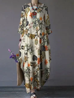 Women's Maxi Dress Cotton Linen Dresses Casual Dress Basic Casual Vacation Daily Regular Fit Floral Long Sleeve Crew Neck Magenta Navy Blue Orange Summer Women Spring Dresses|Dresses