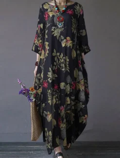 Women's Maxi Dress Cotton Linen Dresses Casual Dress Basic Casual Vacation Daily Regular Fit Floral Long Sleeve Crew Neck Magenta Navy Blue Orange Summer Women Spring Dresses|Dresses