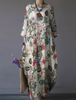 Women's Maxi Dress Cotton Linen Dresses Casual Dress Basic Casual Vacation Daily Regular Fit Floral Long Sleeve Crew Neck Magenta Navy Blue Orange Summer Women Spring Dresses|Dresses