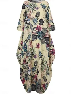 Women's Maxi Dress Cotton Linen Dresses Casual Dress Basic Casual Vacation Daily Regular Fit Floral Long Sleeve Crew Neck Magenta Navy Blue Orange Summer Women Spring Dresses|Dresses