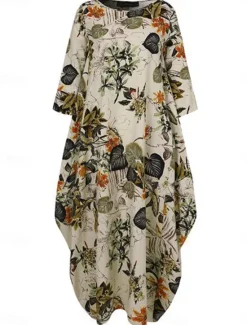 Women's Maxi Dress Cotton Linen Dresses Casual Dress Basic Casual Vacation Daily Regular Fit Floral Long Sleeve Crew Neck Magenta Navy Blue Orange Summer Women Spring Dresses|Dresses