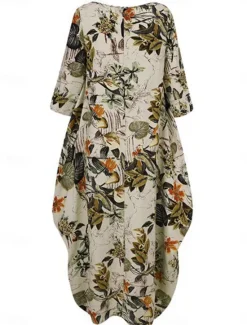 Women's Maxi Dress Cotton Linen Dresses Casual Dress Basic Casual Vacation Daily Regular Fit Floral Long Sleeve Crew Neck Magenta Navy Blue Orange Summer Women Spring Dresses|Dresses