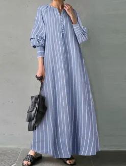 Hot Women's Maxi Dress Cotton Linen Dresses Casual Dress Basic Casual Vacation Daily Regular Fit Stripe Long Sleeve V Neck White Summer Spring Women Dresses