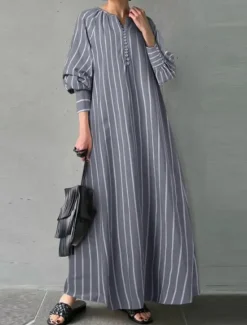 Hot Women's Maxi Dress Cotton Linen Dresses Casual Dress Basic Casual Vacation Daily Regular Fit Stripe Long Sleeve V Neck White Summer Spring Women Dresses