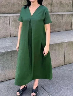 New Women's Maxi Dress Cotton Linen Dresses Casual Dress Swing Dress Cotton Maxi Dress Basic Casual Vacation Daily Regular Fit Plain Short Sleeve V Neck Black Green Summer Women Dresses