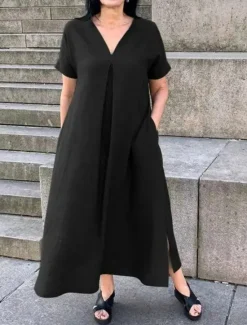 New Women's Maxi Dress Cotton Linen Dresses Casual Dress Swing Dress Cotton Maxi Dress Basic Casual Vacation Daily Regular Fit Plain Short Sleeve V Neck Black Green Summer Women Dresses