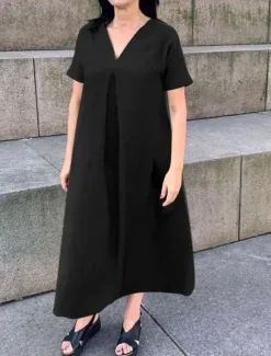 New Women's Maxi Dress Cotton Linen Dresses Casual Dress Swing Dress Cotton Maxi Dress Basic Casual Vacation Daily Regular Fit Plain Short Sleeve V Neck Black Green Summer Women Dresses