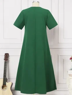 New Women's Maxi Dress Cotton Linen Dresses Casual Dress Swing Dress Cotton Maxi Dress Basic Casual Vacation Daily Regular Fit Plain Short Sleeve V Neck Black Green Summer Women Dresses