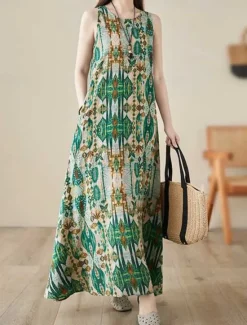 Hot Women's Maxi Dress Cotton Linen Dresses Casual Dress Boho Chic Dresses Tank Dress Bohemia Casual Boho Vacation Daily Beach Loose Fit Geometric Sleeveless Crew Neck Summer Women Spring Dresses