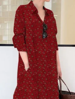 Outlet Women's Maxi Dress Cotton Linen Dresses Shirt Dress Elegant Vintage Stylish Vacation Party Daily Loose Fit Graphic Long Sleeve Shirt Collar Wine Royal Blue Green Spring Fall Winter Women Dresses