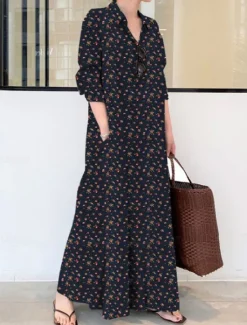Outlet Women's Maxi Dress Cotton Linen Dresses Shirt Dress Elegant Vintage Stylish Vacation Party Daily Loose Fit Graphic Long Sleeve Shirt Collar Wine Royal Blue Green Spring Fall Winter Women Dresses