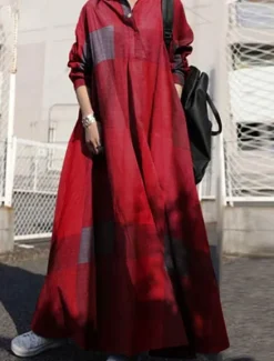 Clearance Women's Maxi Dress Cotton Linen Dresses Casual Dress Swing Dress Vintage Stylish Basic Vacation Work Daily Loose Fit Plaid Long Sleeve Shirt Collar Yellow Red Blue Spring Fall Women Dresses